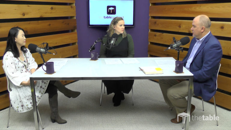 Guest speakers recording The Table podcast